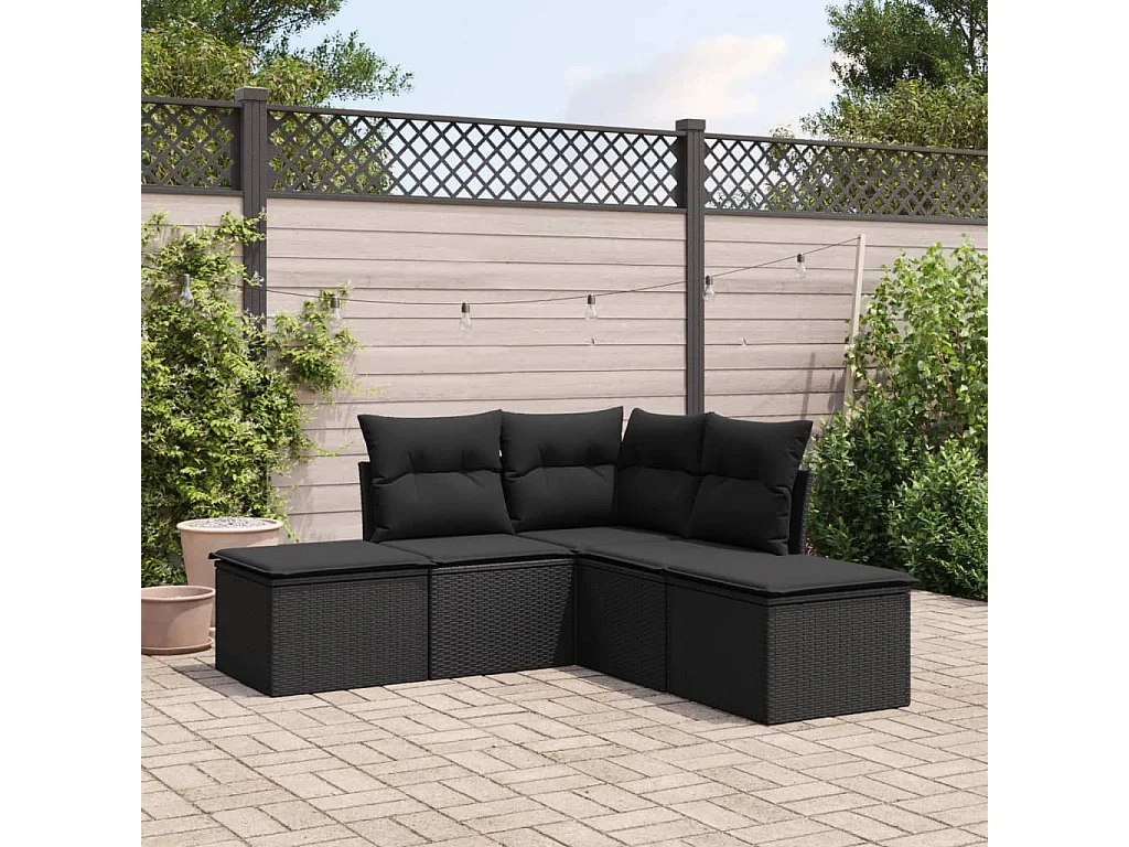 Salon de jardin 5 pcs avec coussins noir résine tressée BE24822