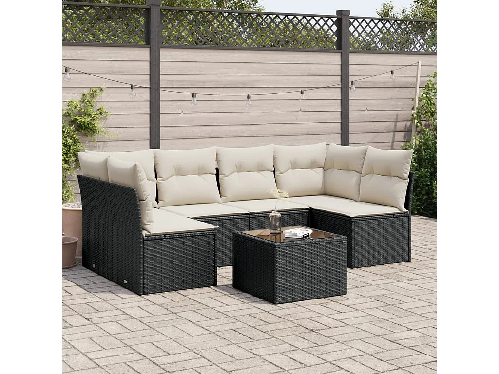 7-tlg. Garten-Sofagarnitur,Gartenmöbel-Set mit Kissen Schwarz Poly Rattan -gkd677651