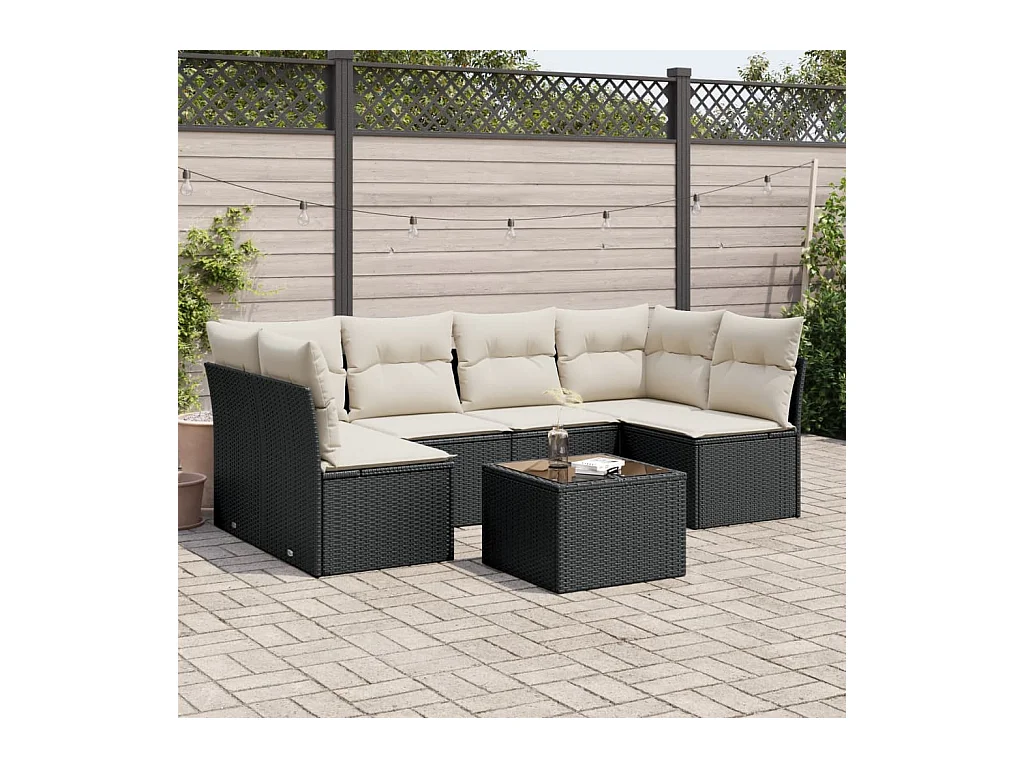 7-tlg. Garten-Sofagarnitur,Gartenmöbel-Set mit Kissen Schwarz Poly Rattan -gkd677651