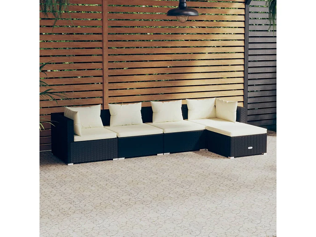 5 pcs conjunto lounge de jardim c/ almofadões vime PE preto PT97481