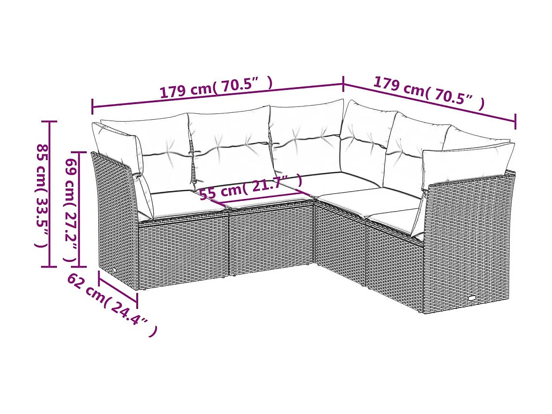 Salon de jardin 5 pcs avec coussins gris résine tressée BE76858