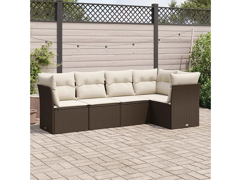 5 pcs conjunto sofás p/ jardim c/ almofadões vime PE castanho PT757031