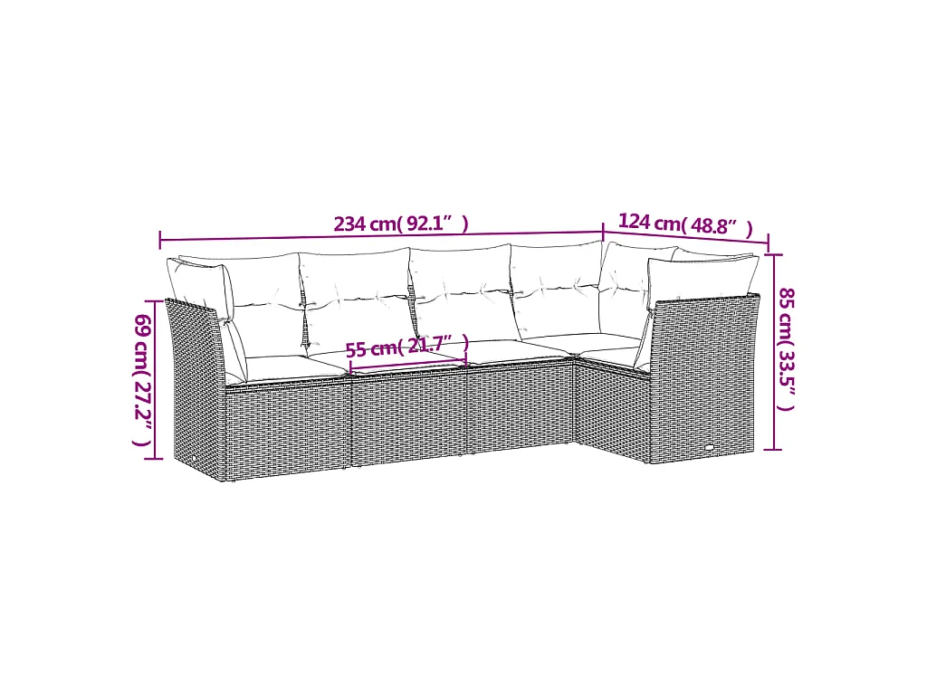 5 pcs conjunto sofás p/ jardim c/ almofadões vime PE castanho PT757031