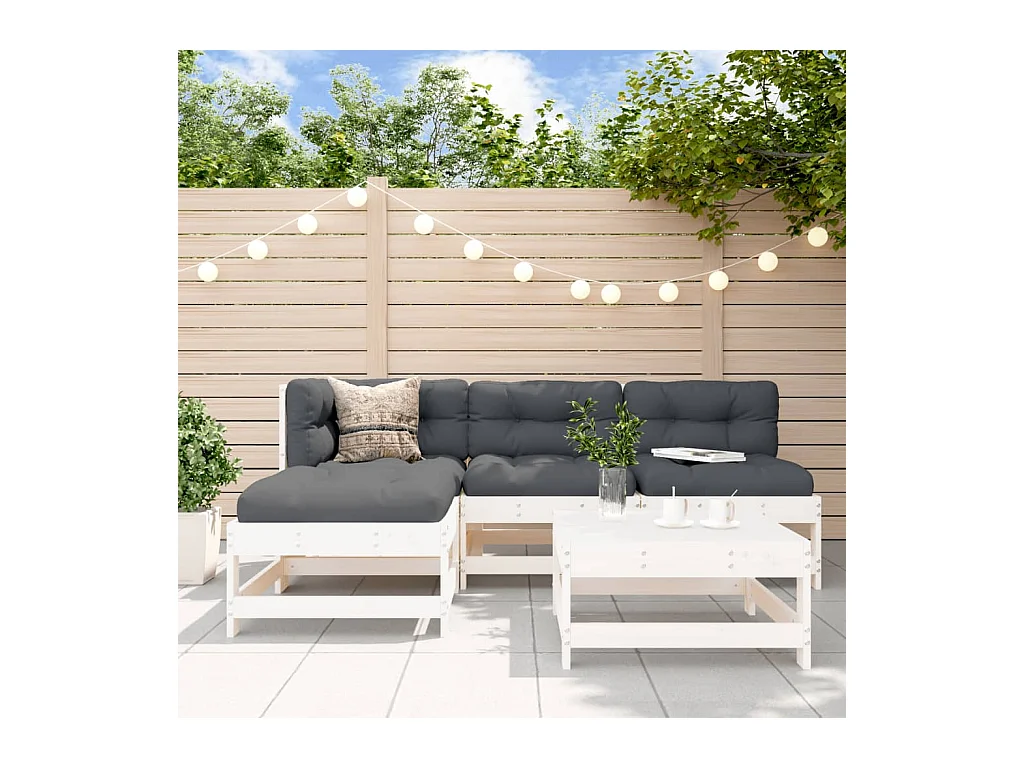 5-tlg. Garten-Sitzgruppe: Sofa + Tisch | Garten-Lounge-Set Weiß Massivholz Kiefer -GKD211123