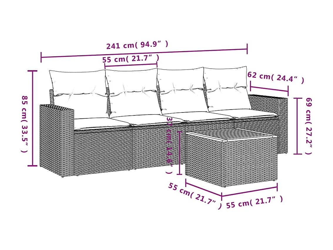 Salon de jardin 5 pcs avec coussins gris résine tressée BE47557