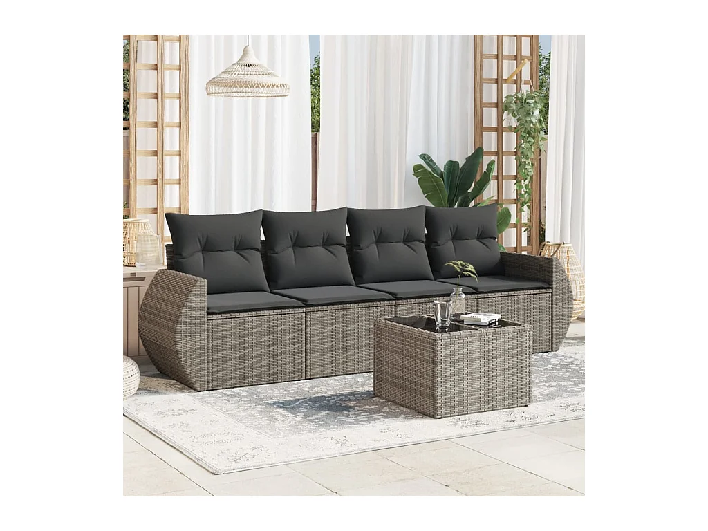 Salon de jardin 5 pcs avec coussins gris résine tressée BE74658