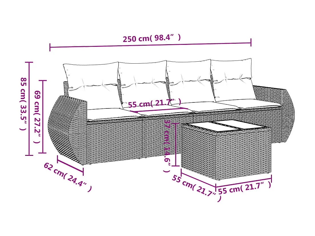Salon de jardin 5 pcs avec coussins gris résine tressée BE74658