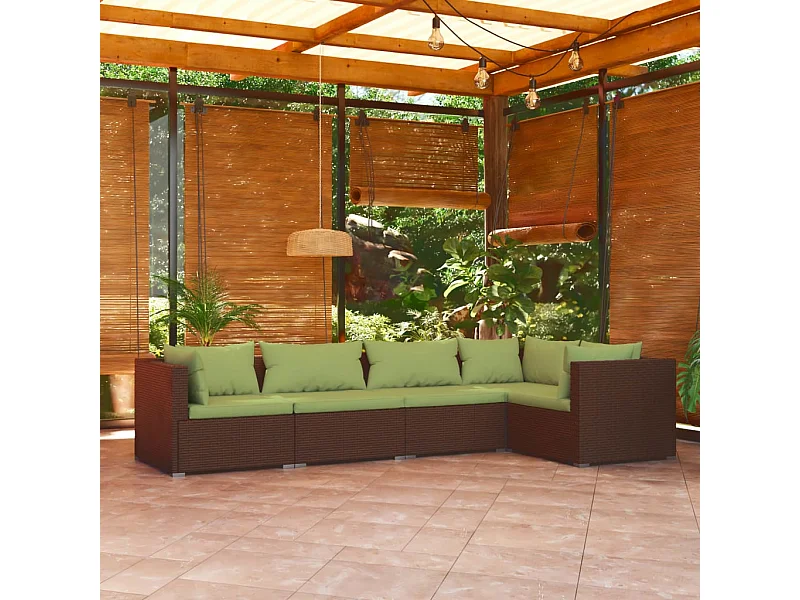 5 pcs conjunto lounge jardim c/ almofadões vime PE castanho PT40337