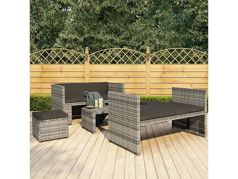 5-tlg. Garten-Sitzgruppe: Sofa + Tisch | Garten-Lounge-Set mit Auflagen Poly Rattan Grau -GKD378202
