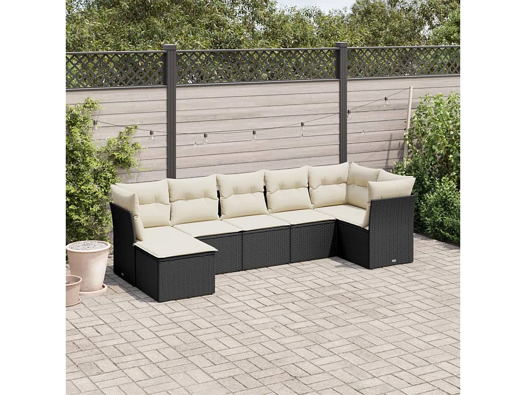 7-tlg. Garten-Sofagarnitur,Gartenmöbel-Set mit Kissen Schwarz Poly Rattan -gkd832381
