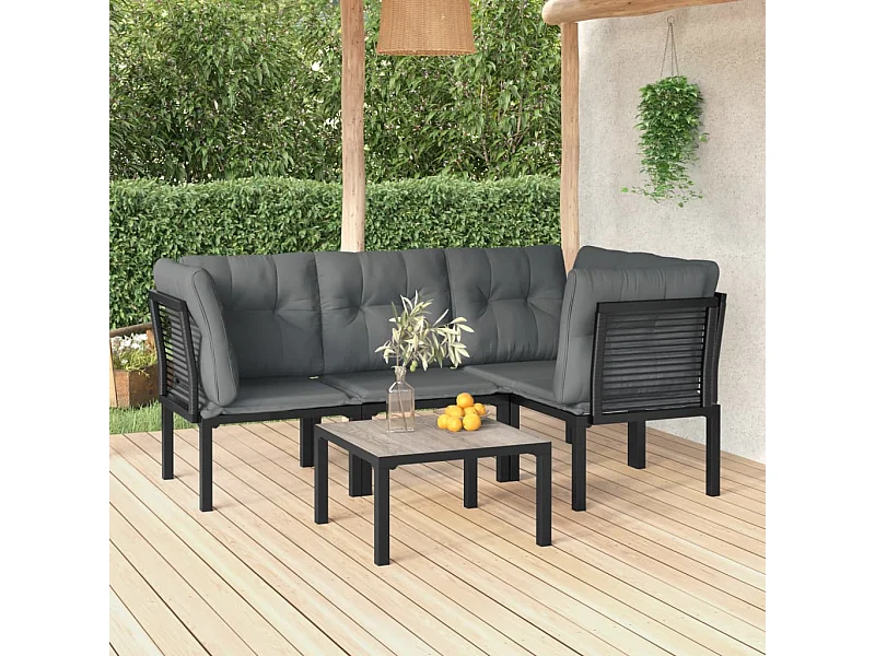 5-tlg. Garten-Sitzgruppe: Sofa + Tisch | Garten-Lounge-Set Schwarz und Grau Poly Rattan -GKD547403