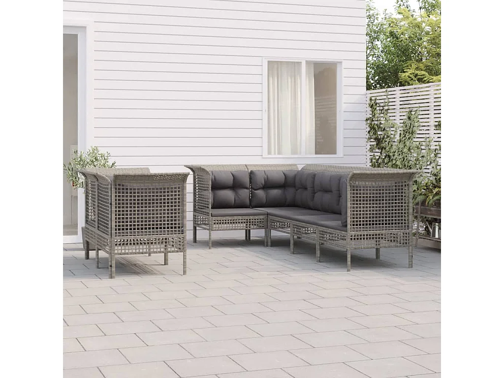 7 pcs conjunto lounge de jardim c/ almofadões vime PE cinzento PT29858