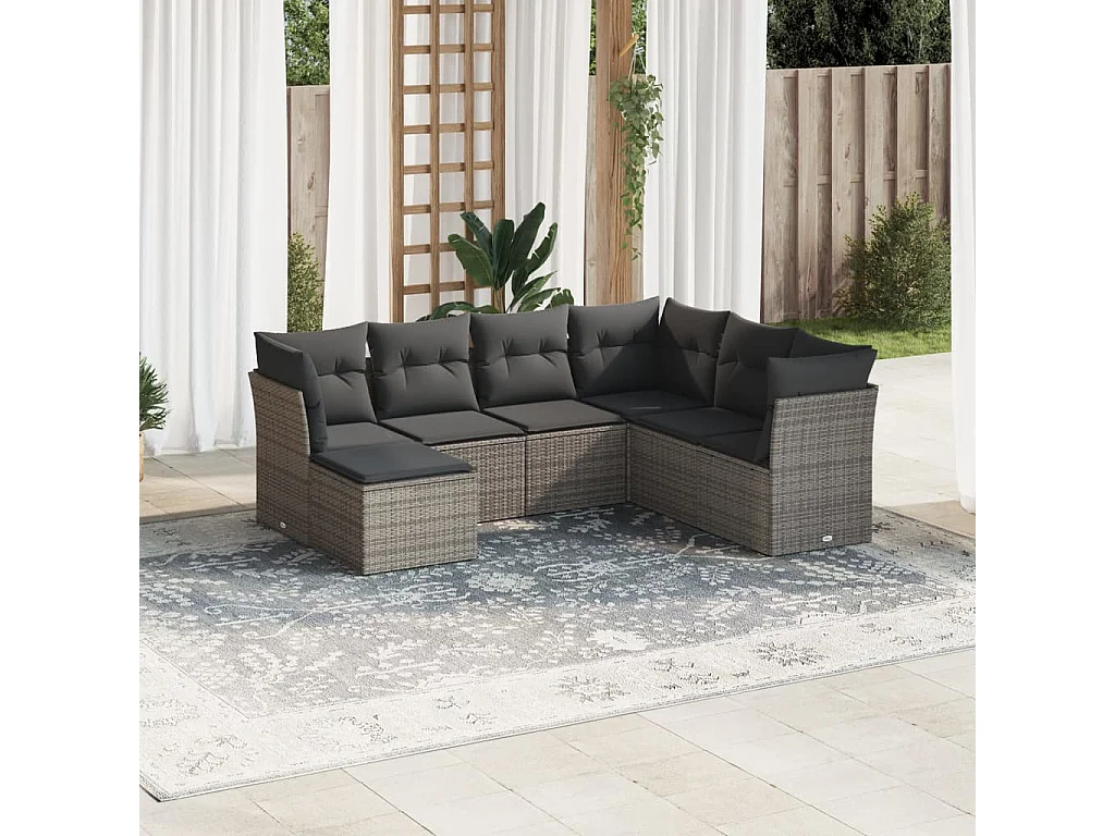 7-tlg. Garten-Sofagarnitur,Gartenmöbel-Set mit Kissen Grau Poly Rattan -gkd888916