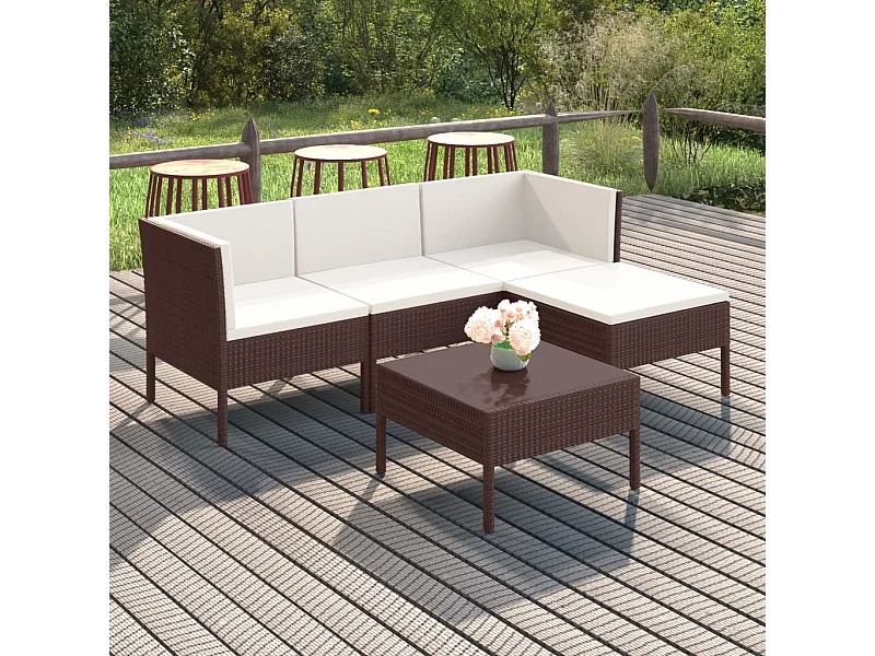 5-tlg. Garten-Sitzgruppe: Sofa + Tisch | Garten-Lounge-Set mit Auflagen Poly Rattan Braun -GKD207900