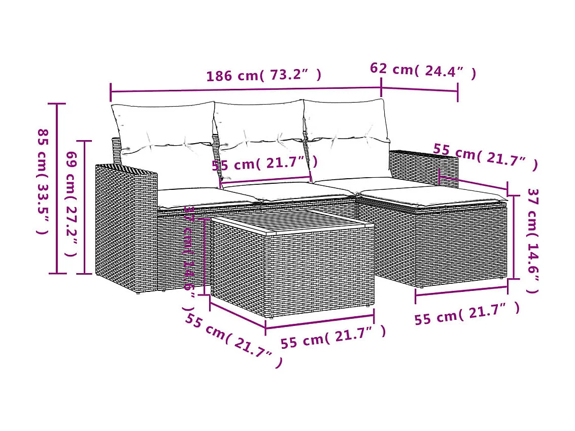 Salon de jardin 5 pcs avec coussins gris résine tressée BE69902