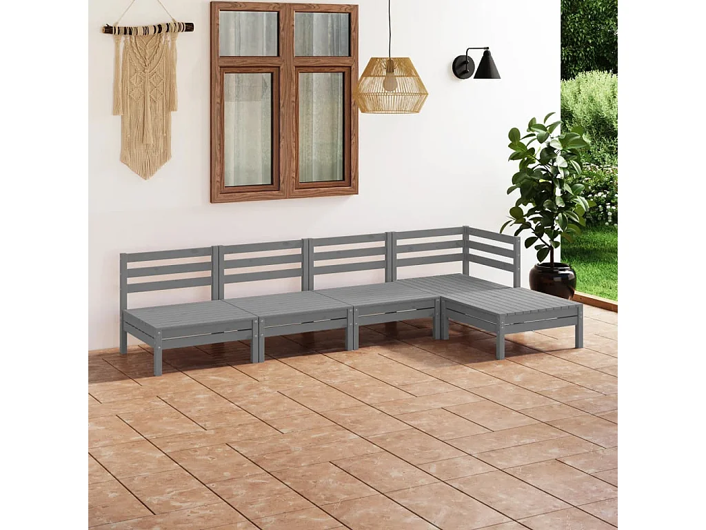 5-tlg. Garten-Sitzgruppe: Sofa + Tisch | Garten-Lounge-Set Massivholz Kiefer Grau -GKD665652