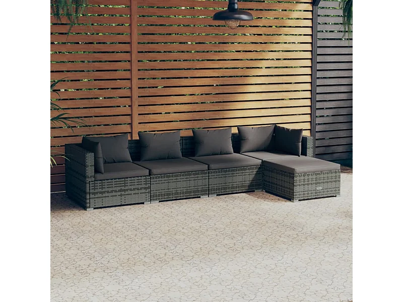 5 pcs conjunto lounge de jardim c/ almofadões vime PE cinzento PT70477
