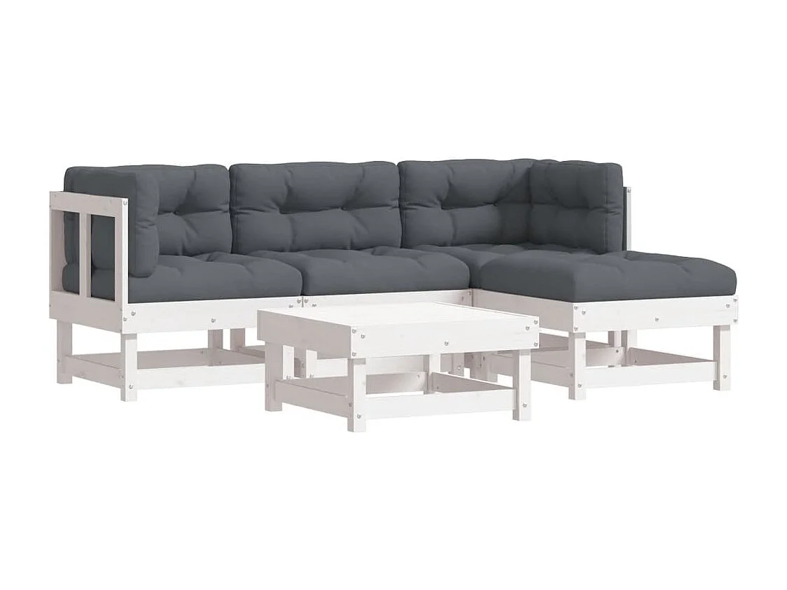 5-tlg. Garten-Sitzgruppe: Sofa + Tisch | Garten-Lounge-Set mit Kissen Weiß Massivholz -GKD265312