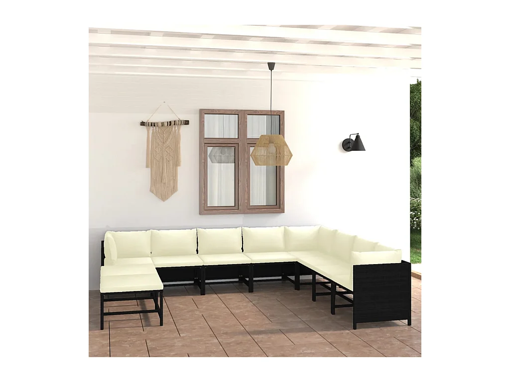Salon de jardin 9 pcs avec coussins Résine tressée Noir BE61974