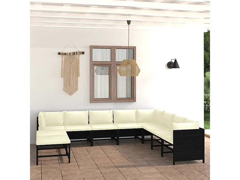 9-tlg. Garten-Sitzgruppe: Sofa + Tisch | Garten-Lounge-Set mit Kissen Poly Rattan Schwarz -GKD685996
