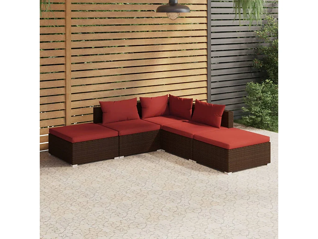 5 pcs conjunto lounge jardim c/ almofadões vime PE castanho PT57855