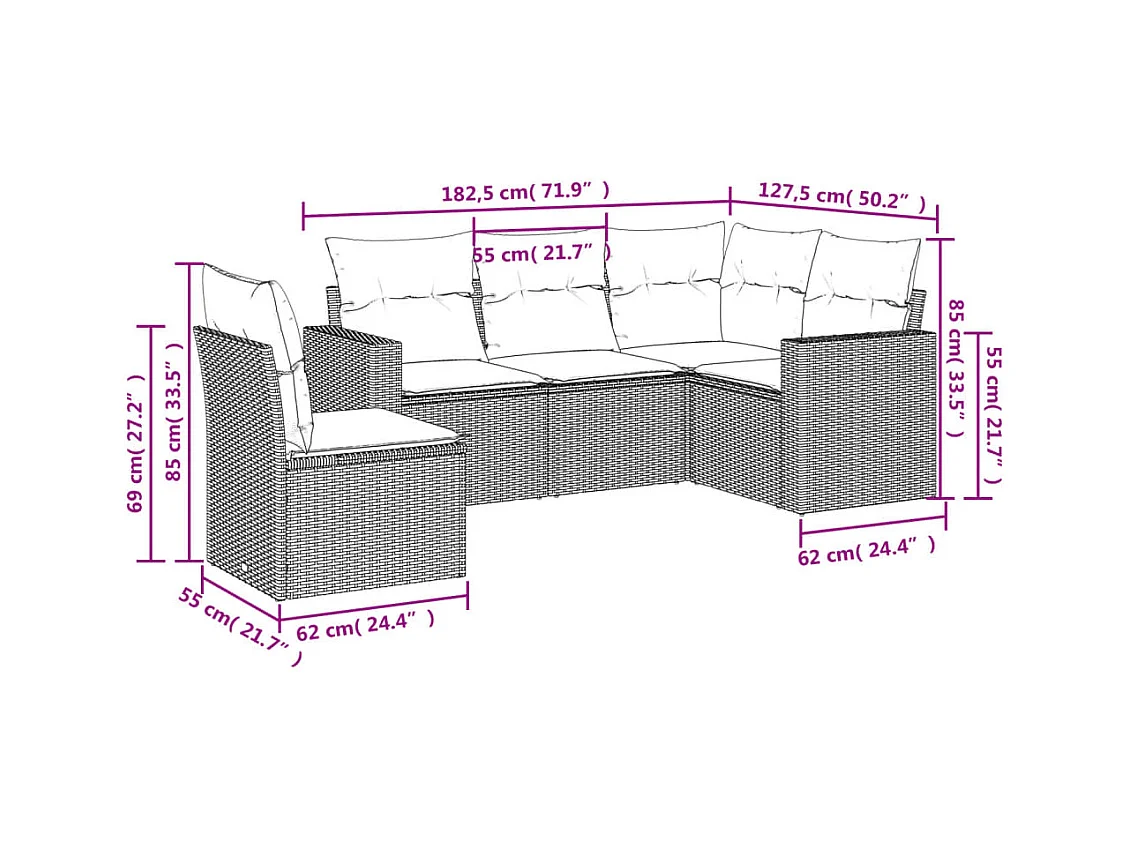 Salon de jardin 5 pcs avec coussins gris résine tressée BE91746
