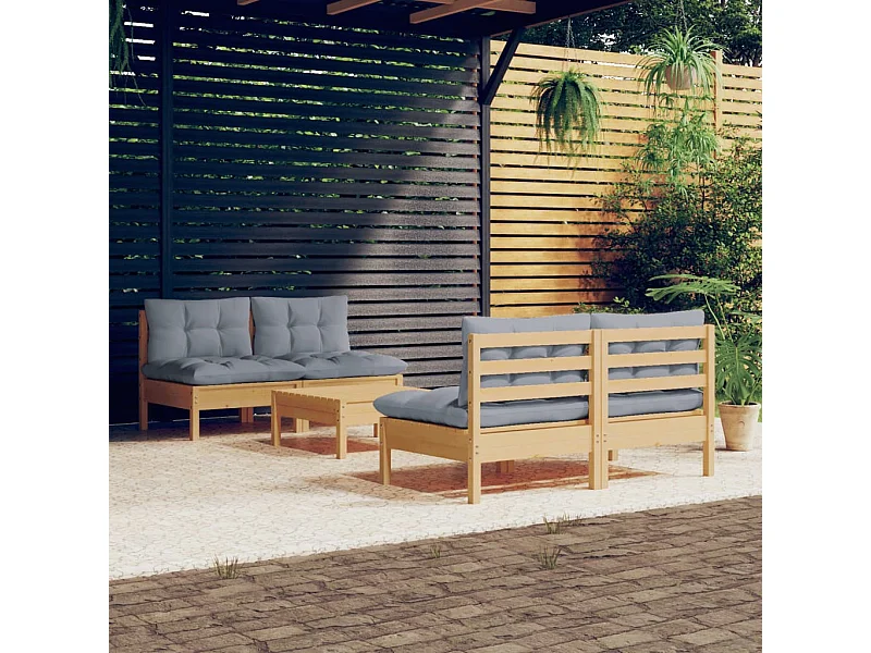 5-tlg. Garten-Sitzgruppe: Sofa + Tisch | Garten-Lounge-Set mit Grauen Kissen Kiefernholz -GKD400863