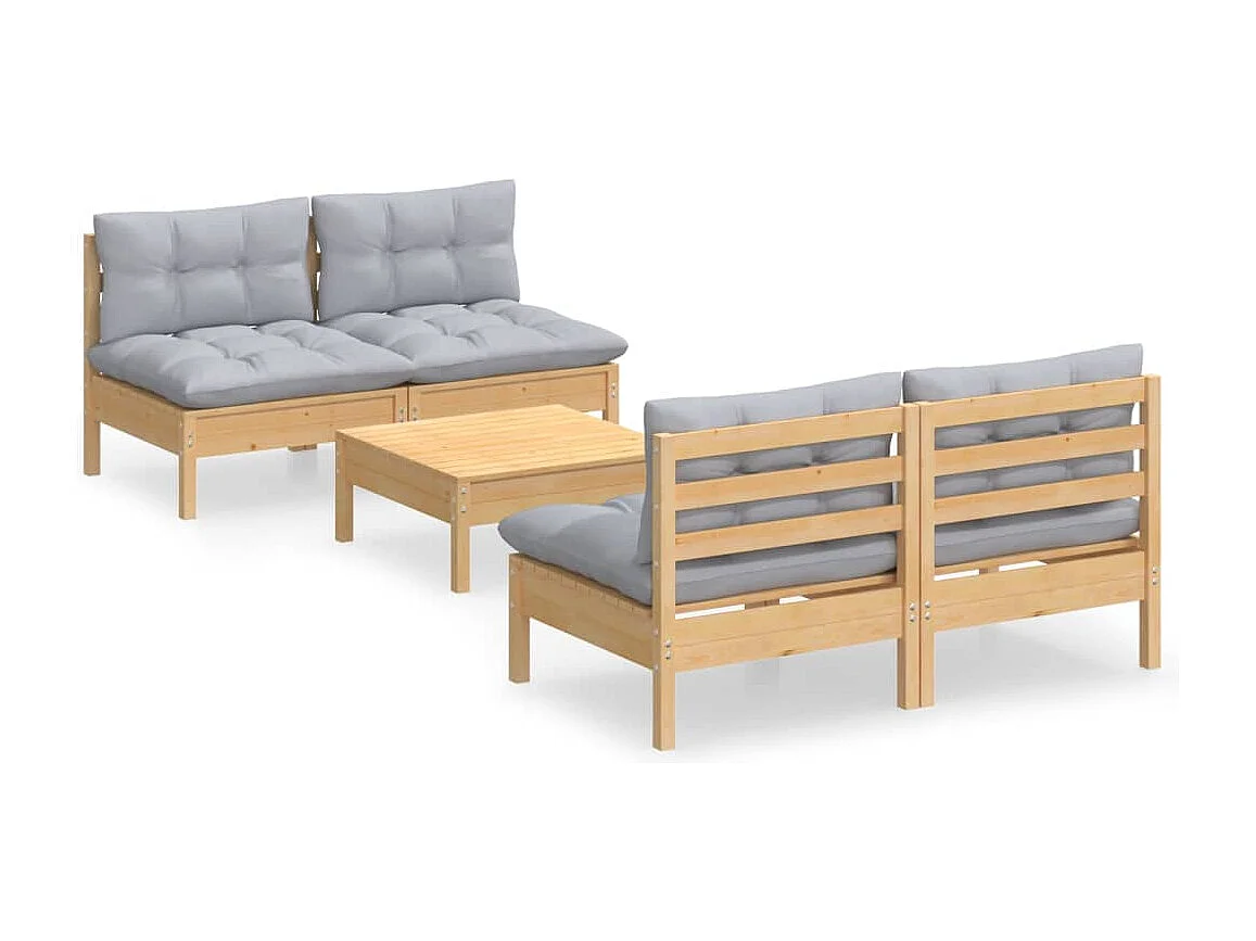 5-tlg. Garten-Sitzgruppe: Sofa + Tisch | Garten-Lounge-Set mit Grauen Kissen Kiefernholz -GKD400863
