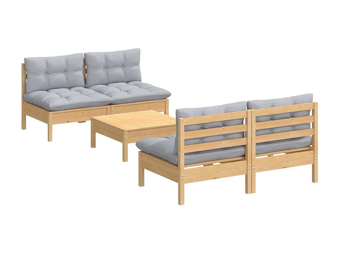 5-tlg. Garten-Sitzgruppe: Sofa + Tisch | Garten-Lounge-Set mit Grauen Kissen Kiefernholz -GKD400863