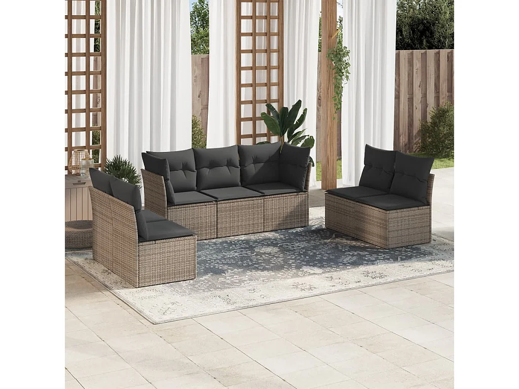 7-tlg. Garten-Sofagarnitur,Gartenmöbel-Set mit Kissen Grau Poly Rattan -gkd673946
