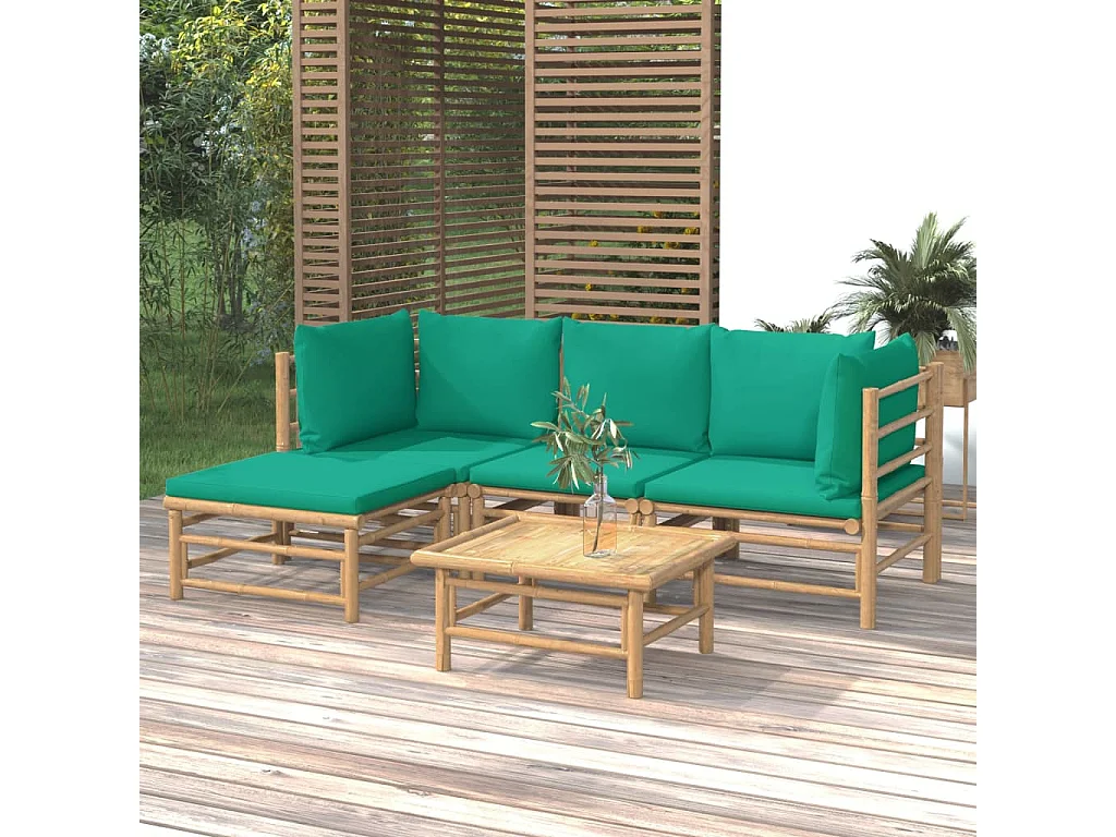 5-tlg. Garten-Sitzgruppe: Sofa + Tisch | Garten-Lounge-Set mit Grünen Kissen Bambus -GKD516022