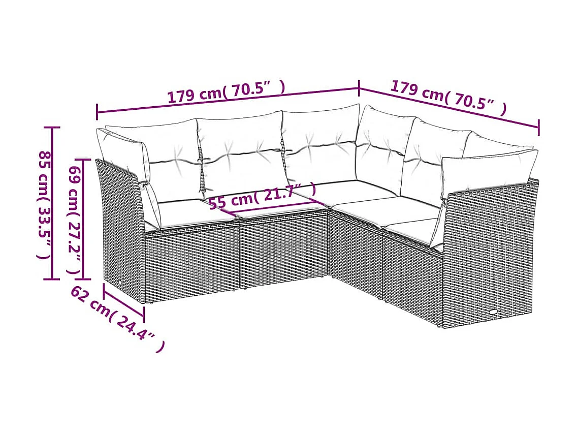 5 pcs conjunto sofás de jardim com almofadões vime PE preto PT175670