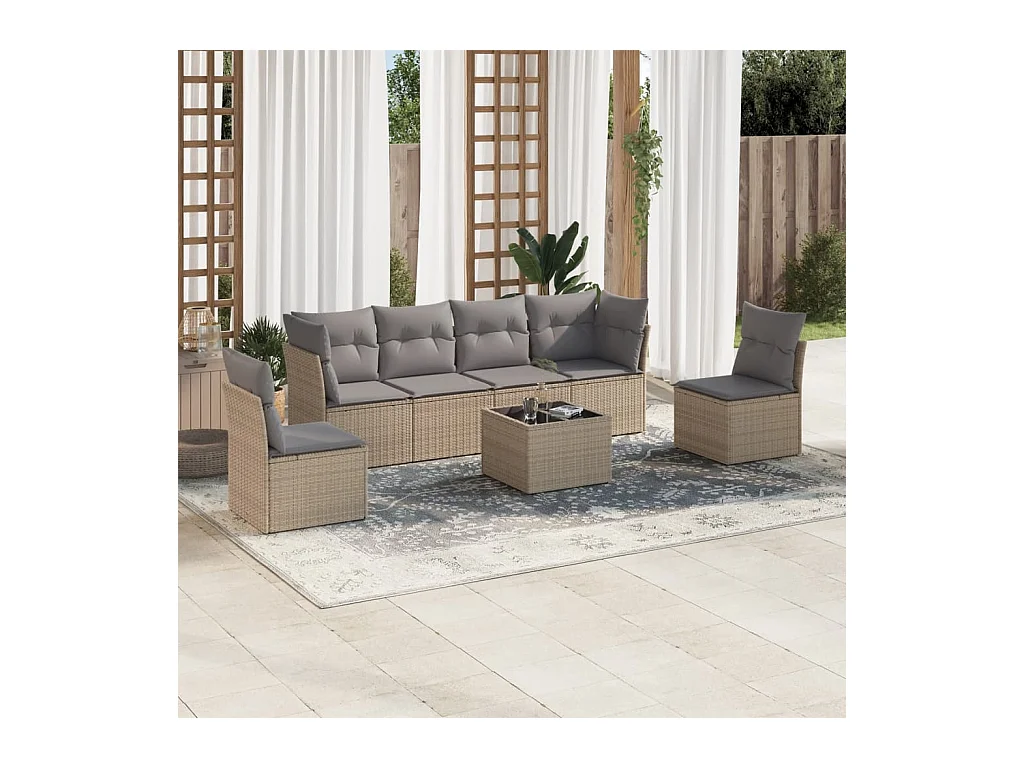 7-tlg. Garten-Sofagarnitur,Gartenmöbel-Set mit Kissen Beige Poly Rattan -gkd412843