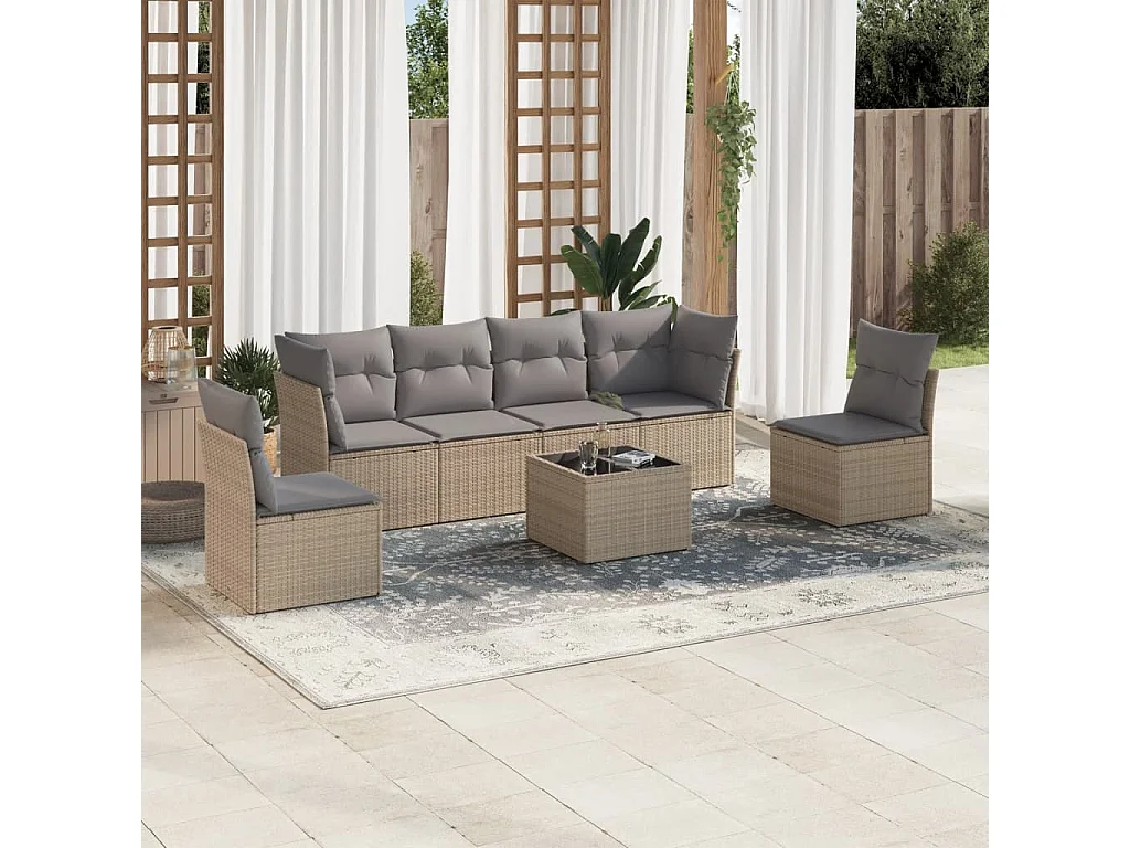 7-tlg. Garten-Sofagarnitur,Gartenmöbel-Set mit Kissen Beige Poly Rattan -gkd412843