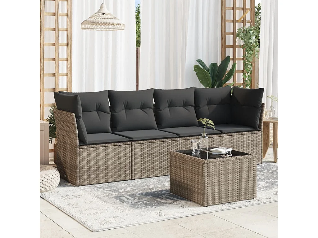 5-tlg. Garten-Sofagarnitur,Gartenmöbel-Set mit Kissen Grau Poly Rattan -gkd712044