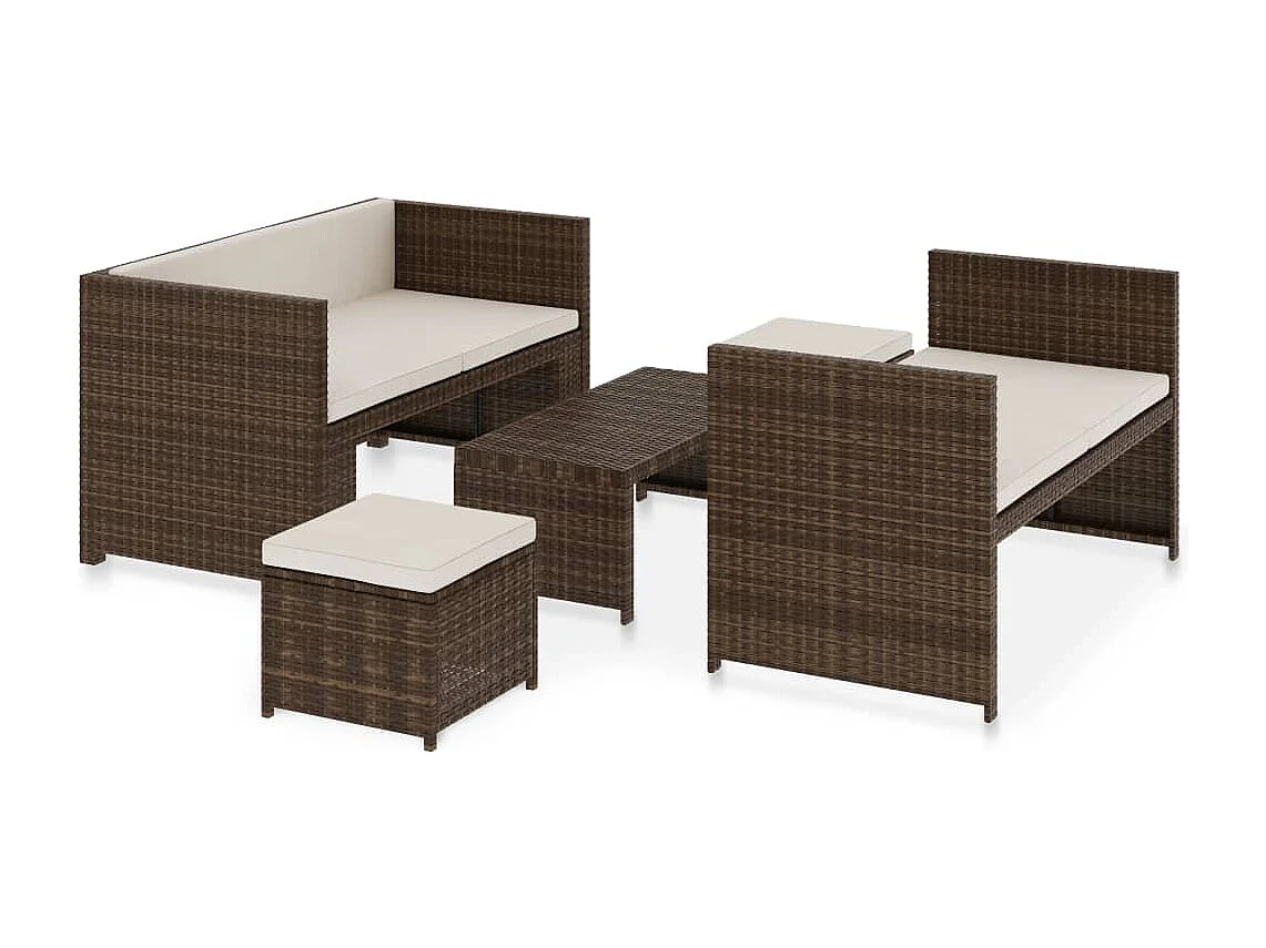 5 pcs conjunto lounge jardim c/ almofadões vime PE castanho PT59200
