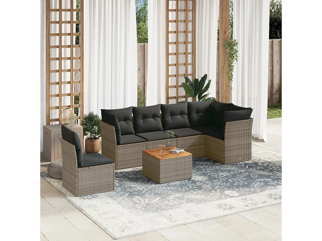 7-tlg. Garten-Sofagarnitur,Gartenmöbel-Set mit Kissen Grau Poly Rattan -gkd509637