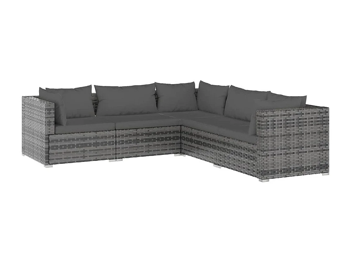 5 pcs conjunto lounge de jardim c/ almofadões vime PE cinzento PT20052