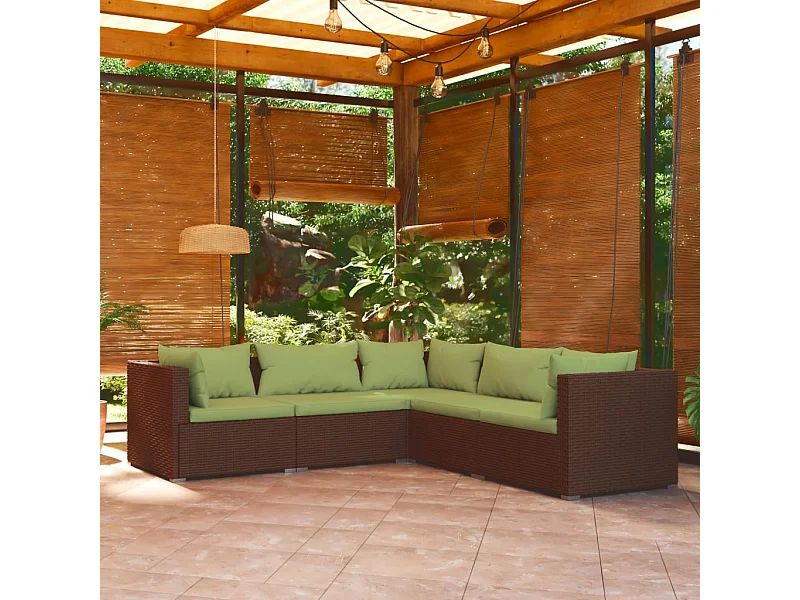 5 pcs conjunto lounge jardim c/ almofadões vime PE castanho PT39444