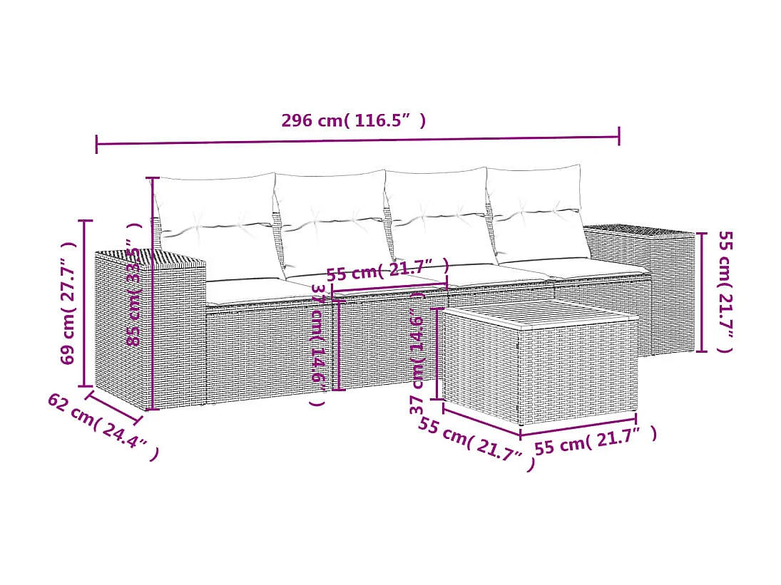 Salon de jardin 5 pcs avec coussins noir résine tressée BE36857