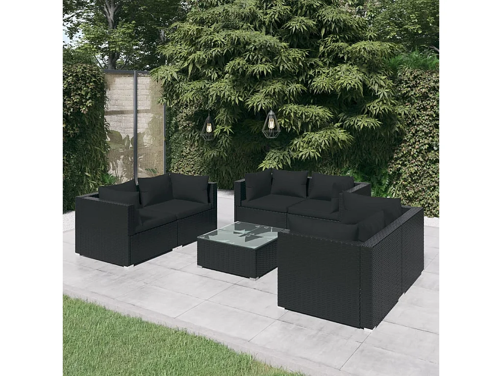 Salon de jardin 7 pcs avec coussins Résine tressée Noir BE57031