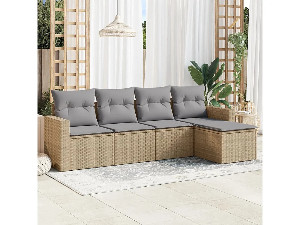 5 pcs conjunto de sofás p/ jardim com almofadões vime PE bege PT311657