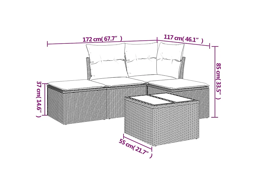 5 pcs conjunto de sofás p/ jardim com almofadões vime PE bege PT727613