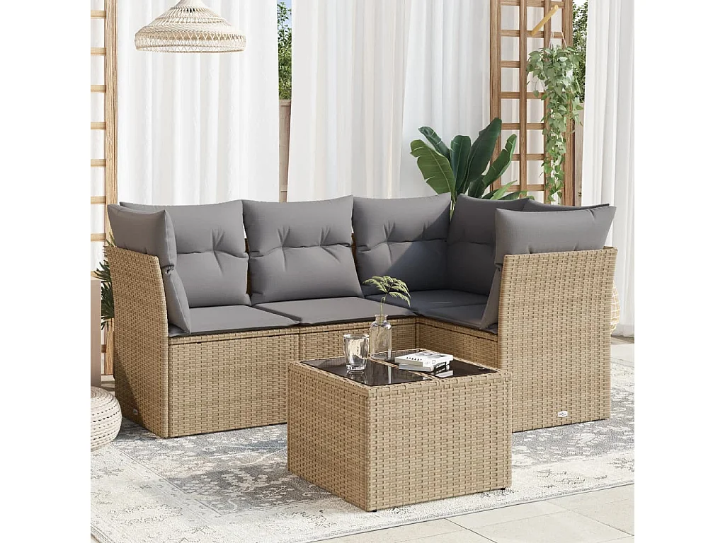 5-tlg. Garten-Sofagarnitur,Gartenmöbel-Set mit Kissen Beige Poly Rattan -gkd609282