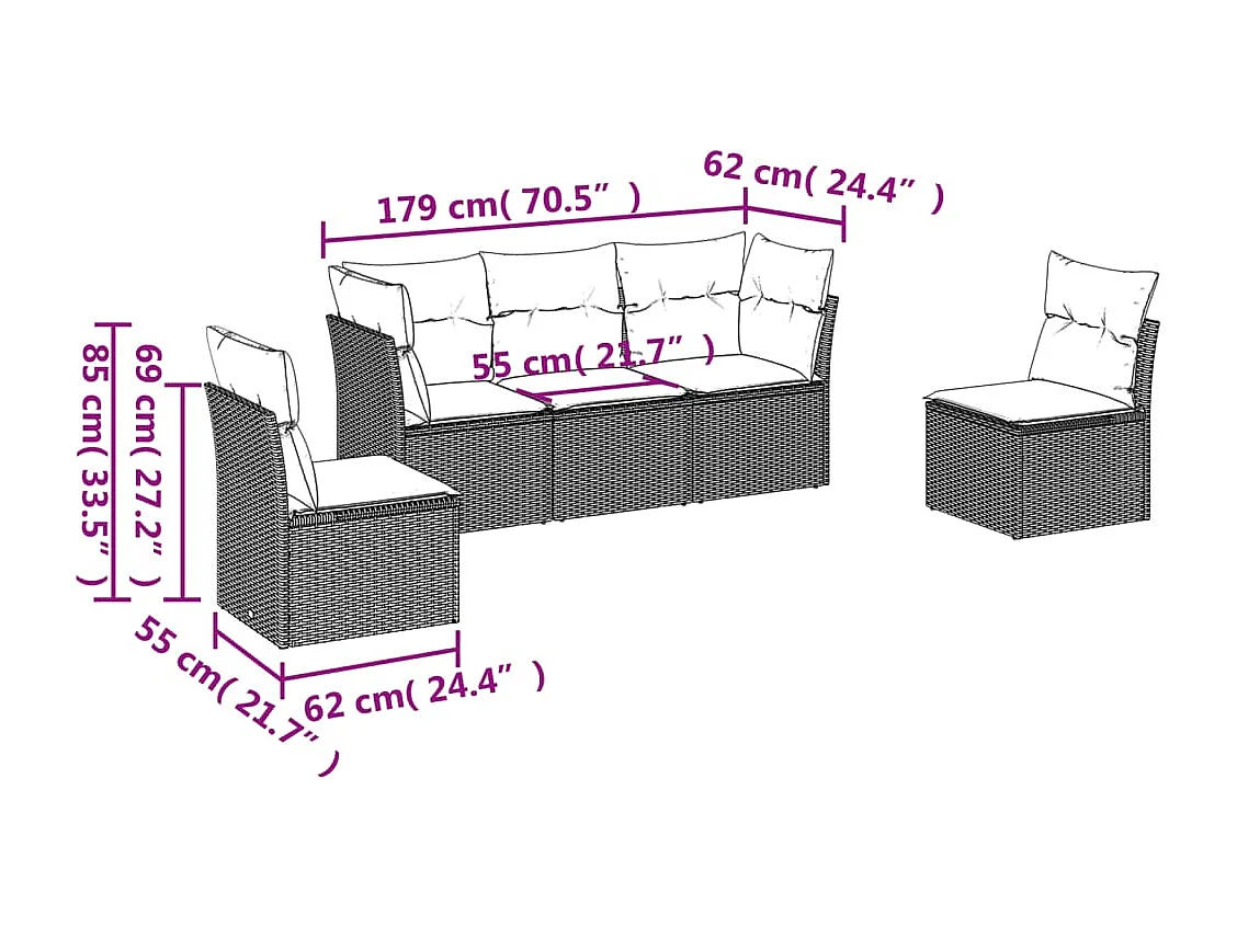Salon de jardin 5 pcs avec coussins noir résine tressée BE63422