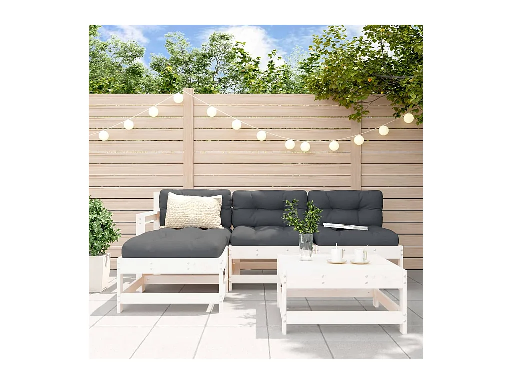 5-tlg. Garten-Sitzgruppe: Sofa + Tisch | Garten-Lounge-Set Weiß Massivholz Kiefer -GKD324620