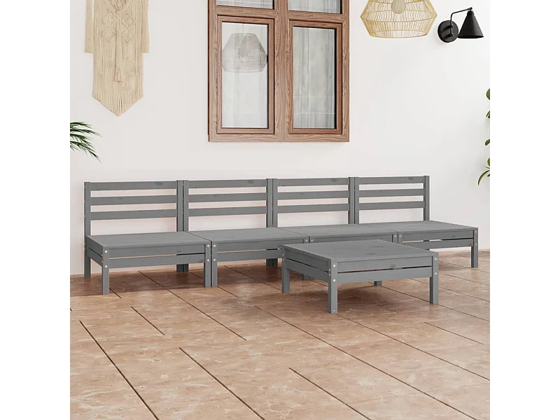 5-tlg. Garten-Sitzgruppe: Sofa + Tisch | Garten-Lounge-Set Grau Kiefer Massivholz -GKD443008