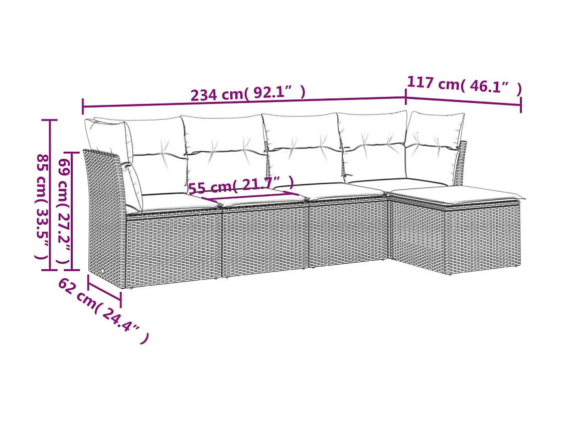 Salon de jardin 5 pcs avec coussins noir résine tressée BE31149