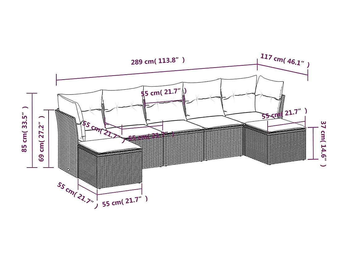 7 pcs conjunto de sofás p/ jardim c/ almofadões vime PE preto PT472922