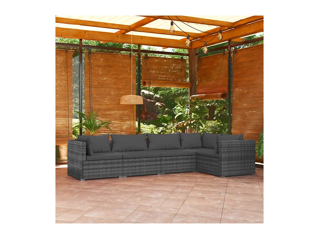 5 pcs conjunto lounge de jardim c/ almofadões vime PE cinzento PT51632